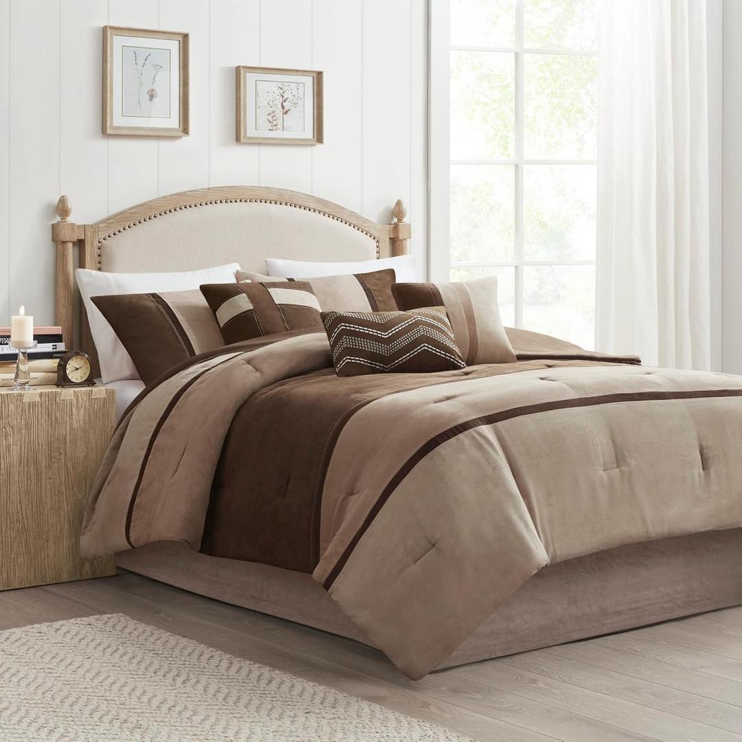 Madison Park Palisades Comforter Set Modern Faux Suede Pieced Stripe Design, All Season Down Alternative Cozy Bedding with Matching Shams, Decorative Pillows, King (104"x92"), Brown 7 Piece