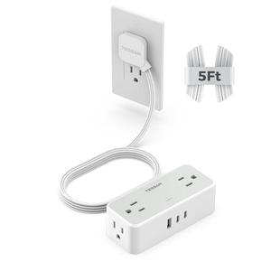 TESSAN Flat Plug Extension Cord 5 FT, Surge Protector Power Strip with 4 AC Outlets 2 USB C and 1 USB A Ports, 900 Joules Protection, Multiple Wall Outlet Extender Suitable for Office Dorm, Grey