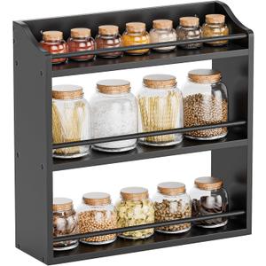 Bamboo Spice Rack Wall Mount or Tabletop Holder, 3-Tier Shelf for Seasoning Bottles Organizer, Medicine Holder (Black)