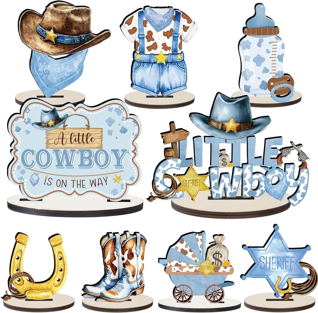 Cowboy Baby Shower Decorations, 9PCS Wooden Western Themed Table Centerpieces Party Decorations, A Little Cowboy Is On The Way Baby Shower Decor Supplies