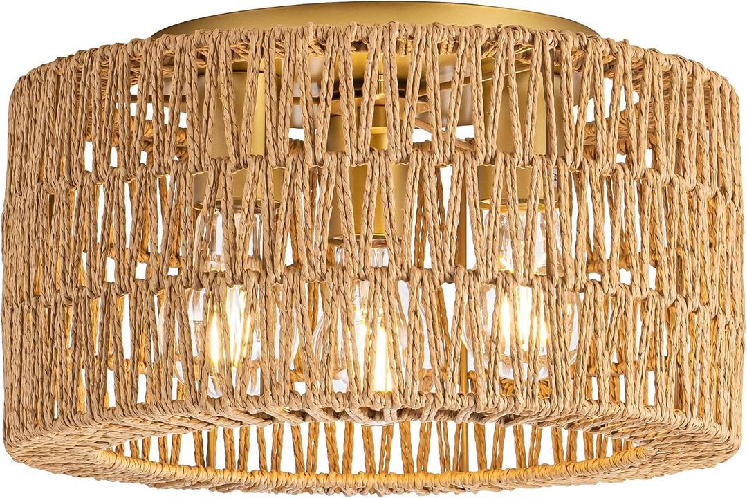 Rattan Ceiling Light Fixture, 3 Light Bohemian Modern Woven Ceiling Light, Boho Flush Mount Ceiling Light for Bedroom Living Room Dining Room, Bulb NOT Included