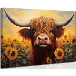 Highland Cattle Canvas Wall Art Cute Scottish Cow and Sunflowers Warm and Soft Color Painting Picture Wall Decor Poster Print Artwork for Bathroom Farmhouse Living Room Office Home Decoration (16"L x 12"W)