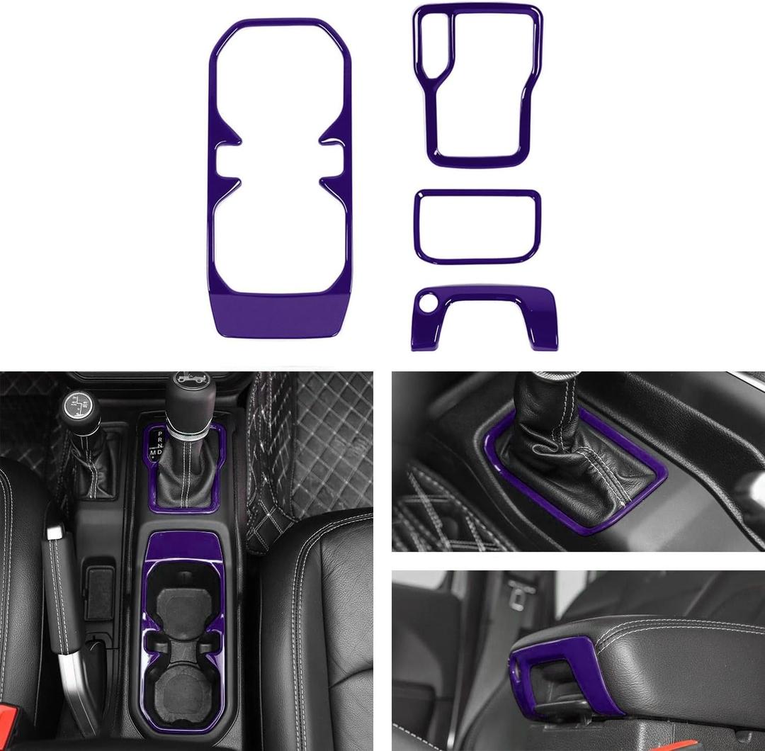 Voodonal for JL 4WD Shift Knob Gear Shift Bezel Front Cup Holder Center Armrest Switch Lock Hole Cover Trim Kits Fit for 2018-2024+Jeep Wrangler JL JLU Gladiator JT Interior Accessories 4pcs Purple