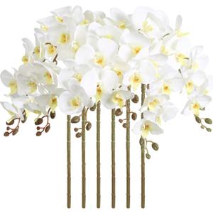 38" White Orchids Artificial Flowers Velvet Silk Orchids, 6 PCS Faux Orchids Long Stem Artificial Flowers for Tall Vase & Home Wedding Decoration(White)