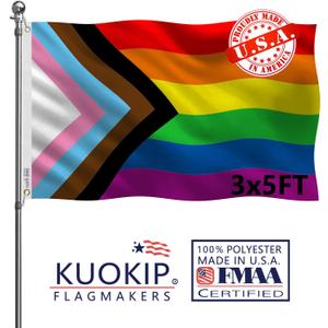Double Sided Inclusive Progress Pride Rainbow Flag 3x5 Made in USA Outdoor Heavy Duty 3 Ply Polyester LGBTQ Rainbow Flags with White Starting Tape and 2 Brass Grommets