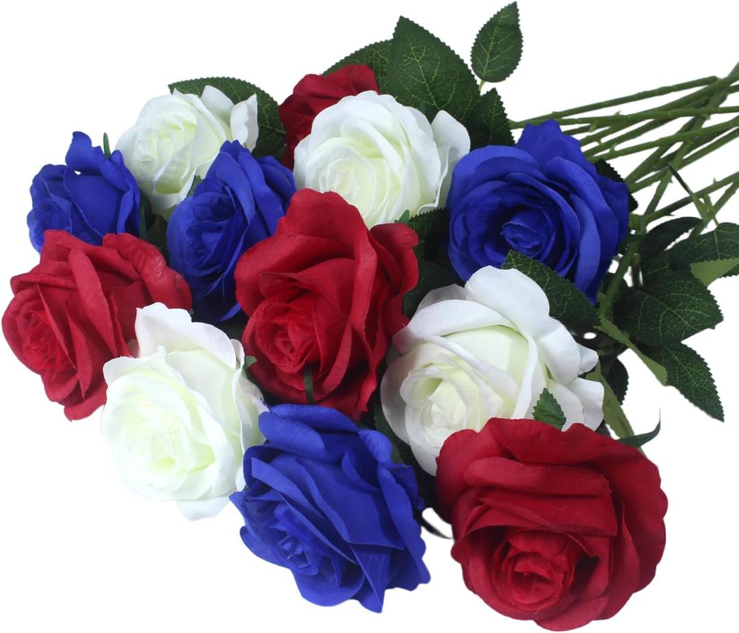 Artificial Roses Flowers, 12 Pcs Red White Blue Patriotic Long Stem Realistic Silk Roses Bouquet for 4th of July, Memorial Day Decoration (Red, White, Blue, 12-PCS)