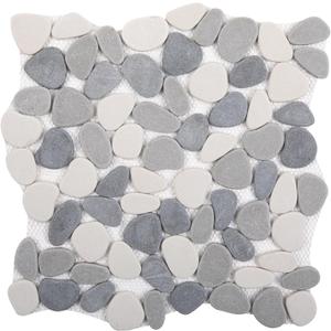 Pebble Tile for Shower Floor, Grey with White Pebble Mosaic Backsplash, Bathroom Shower Floor Kitchen Backsplash Tiles Pack of 5 Sheets (11.8x11.8 Inch)