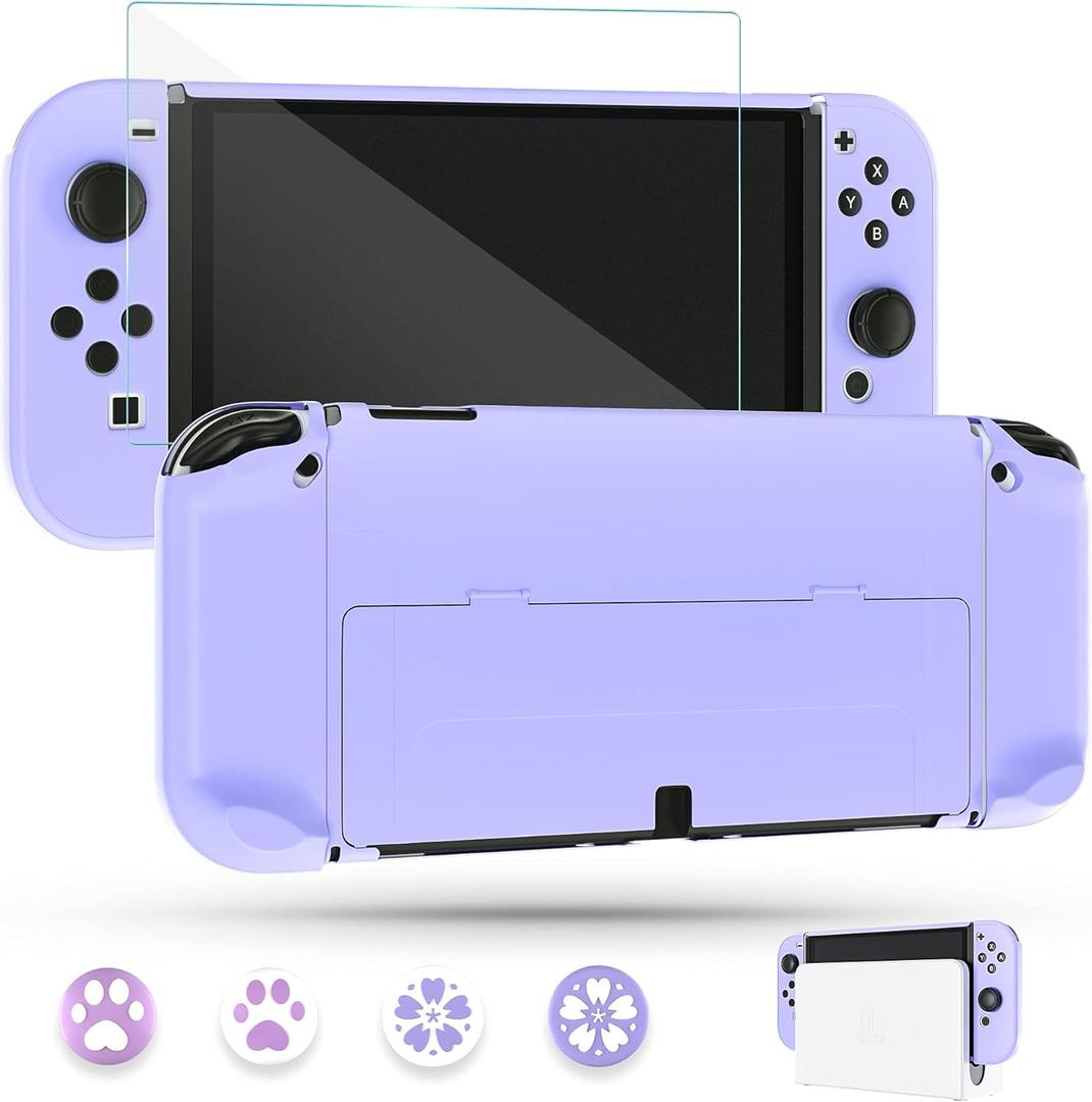 FUNDIARY Dockable Purple Case for Nintendo Switch OLED Model 2021 Skin, Accessories Cover for Switch OLED Console Grips with Screen Protector and 4 Thumb Grip Caps - Full Protection by Flip Shell