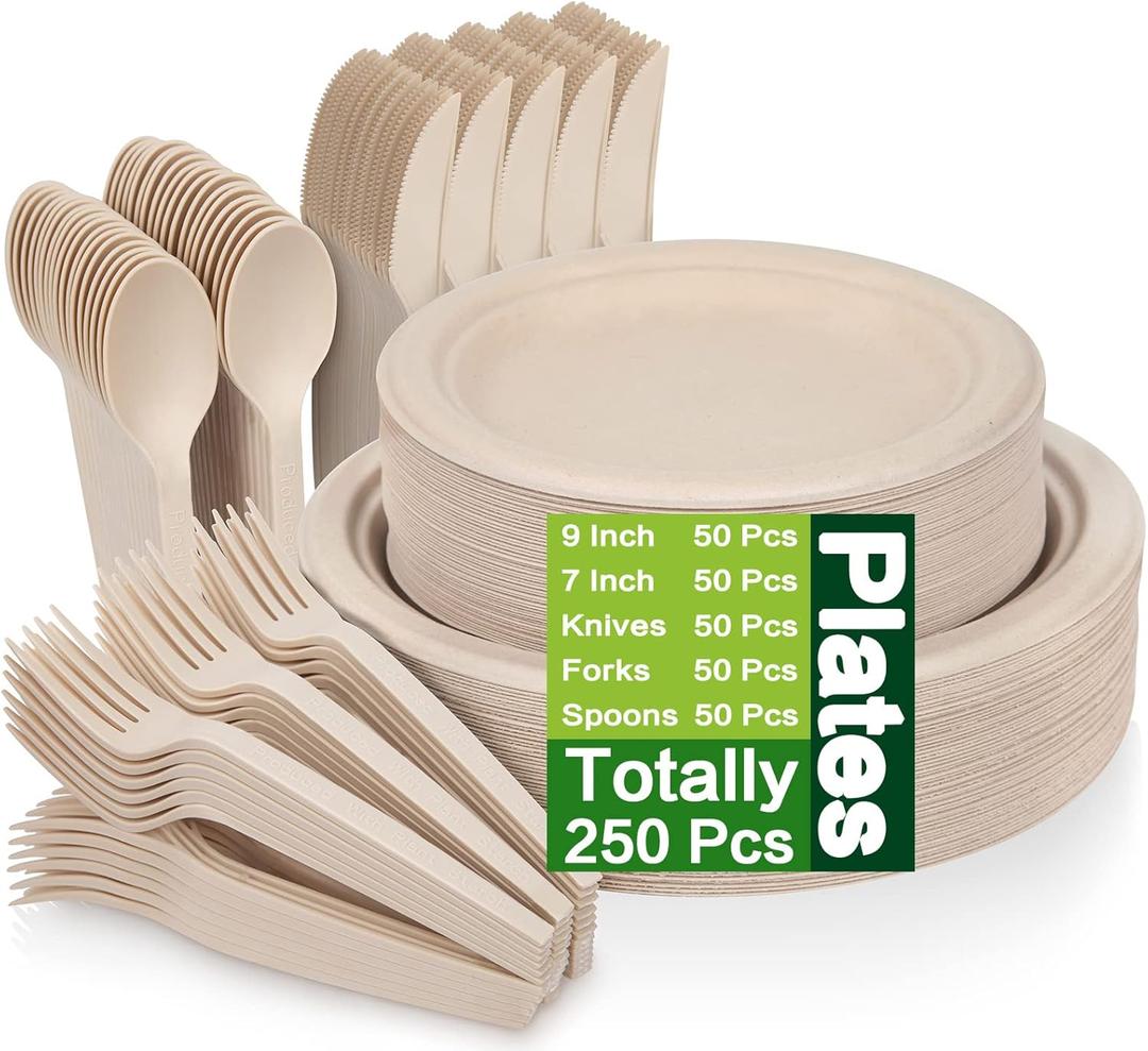 250 Piece Compostable Paper Plates Set with Extra Long Utensils, Sugarcane Fibers Disposable Dinnerware Set, Eco Friendly Biodegradable Plates, Spoons, Forks and Knives for Party, Camping, Picnic (Brown)