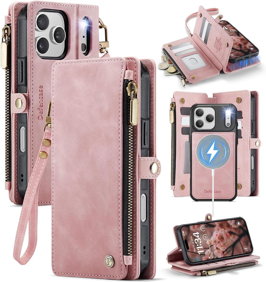 Defencase for iPhone 17 Pro Max Magnetic Wallet Case Compatible with Magsafe with RFID Blocking Zipper & Card Holder for Women PU Leather Strap Detachable Case for iPhone 17 Pro Max 6.9", Rose Pink