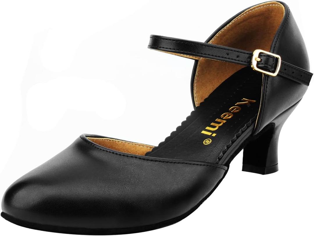 Keemi Ballroom Dance Shoes Leather Character Shoes for Women, Black Ankle Strap Dancing Heels for Latin Salsa Tango Flamenco Wedding,2.3" (8.5)