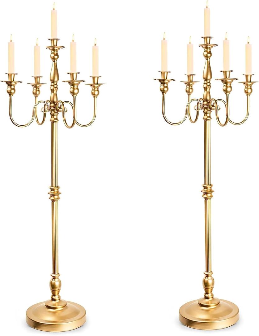Gold Candelabra for Wedding Event Decor, 50'' Tall Floor Candle Holders, 2 Pcs Metal 5 Arm Centerpiece Decorations for 5 Candlesticks Party Wedding Aisle Home Decor