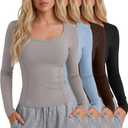 4 Pack Women's Seamless Workout Tops Scoop Neck Long Sleeve Compression Shirts Breathable Yoga Athletic Tight Shirt, Size S (Cement Gray, Sky Blue, Dark Brown, Black)