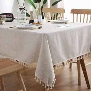 meioro Tablecloth Rectangle Linen Fabric Table Clothes 51x 70 Inch - Dining Room Table Cover, Tassels Table Cloth - Easy Care, Farmhouse Kitchen Tablecloth Indoor Outdoor, All Season. (Beige)