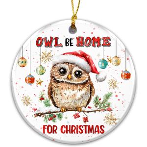 7 x Owl Be Home for Christmas Ornament 2025  Cute Owl Christmas Tree Decoration with Santa Hat, Holiday Pun Ornament, Funny Animal Lover Gift, Ceramic Keepsake Collectible