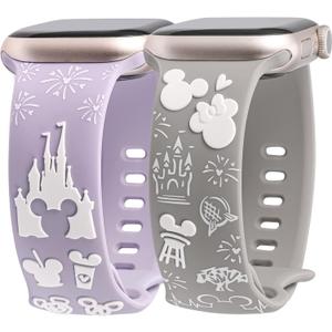 2 Packs Cartoon 3D Raised Band Compatible with Apple Watch Band 49/46/45/44/42/41/40/38mm Women Two-Tone Cute Soft Silicone Sport Strap for iWatch SE Series 10/9/8/7/6/5/4/3/2/1/Ultra(1/2) (Lavender White/Grey White)