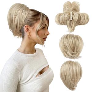 HOOJIH Ponytail Extension, Claw Clip in Straight Messy Hair Bun 9 Inch Short Ponytail Extension with Bendable Metal Wire Hair Pieces for Women Fake Hair Bun DIY Styles - Medium Blonde with Highlights