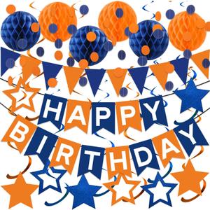 Blue & Orange Birthday Party Decorations - Happy Birthday Banner, Honeycomb Balls, Swirls, Circle Dot Garland, Triangle Flags Bunting