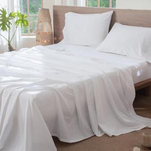 MooMee Flat Top Sheet Only 100% Washed Cotton Linen Like Textured Breathable Durable Soft Comfy (Bright White, Queen)