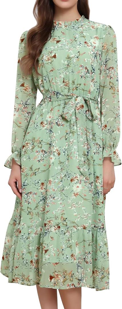 Allegra K Fall Casual Floral Dress for Women 2025 Long Sleeve Crew Neck Chiffon Midi Tea Party Ruffle Dresses, Large