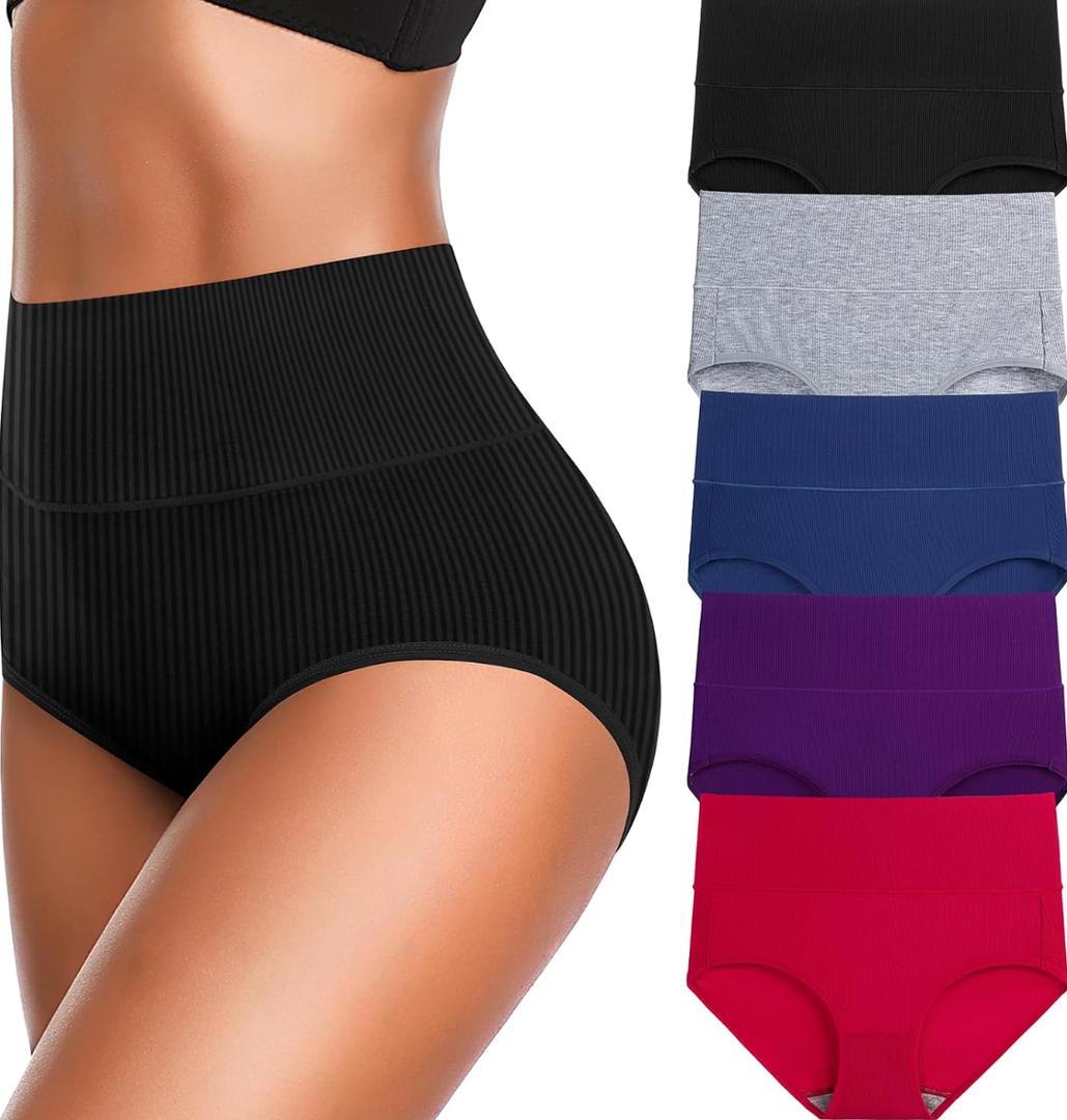 Women's High Waist Cotton Underwear Super Stretchy Briefs Full Coverage Panties Blue 5-Pack One Size Fits All
