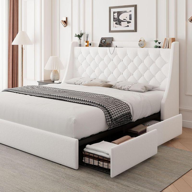 Feonase Upholstered Queen Size Bed Frame with 4 Storage Drawers, Charging Station, Tufted Wingback Storage Headboard, No Box Spring Needed, Easy Assembly, White