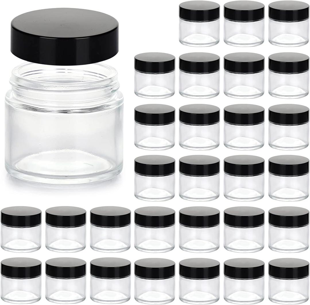 2oz Jars with Lids, HOA Kinh 30 Pack Clear Glass Jars Empty Cosmetic Containers Round Airtight Glass Jar with Inner Liners and black Lids for Storing Lotions, Powders, and Ointments