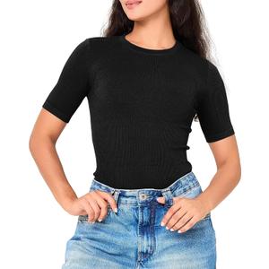BAMBOO COOL Women's Seamless Tight T-Shirts Slim Fit Basic Ribbed Tees Short Sleeve Crew Neck Top (Black, M)
