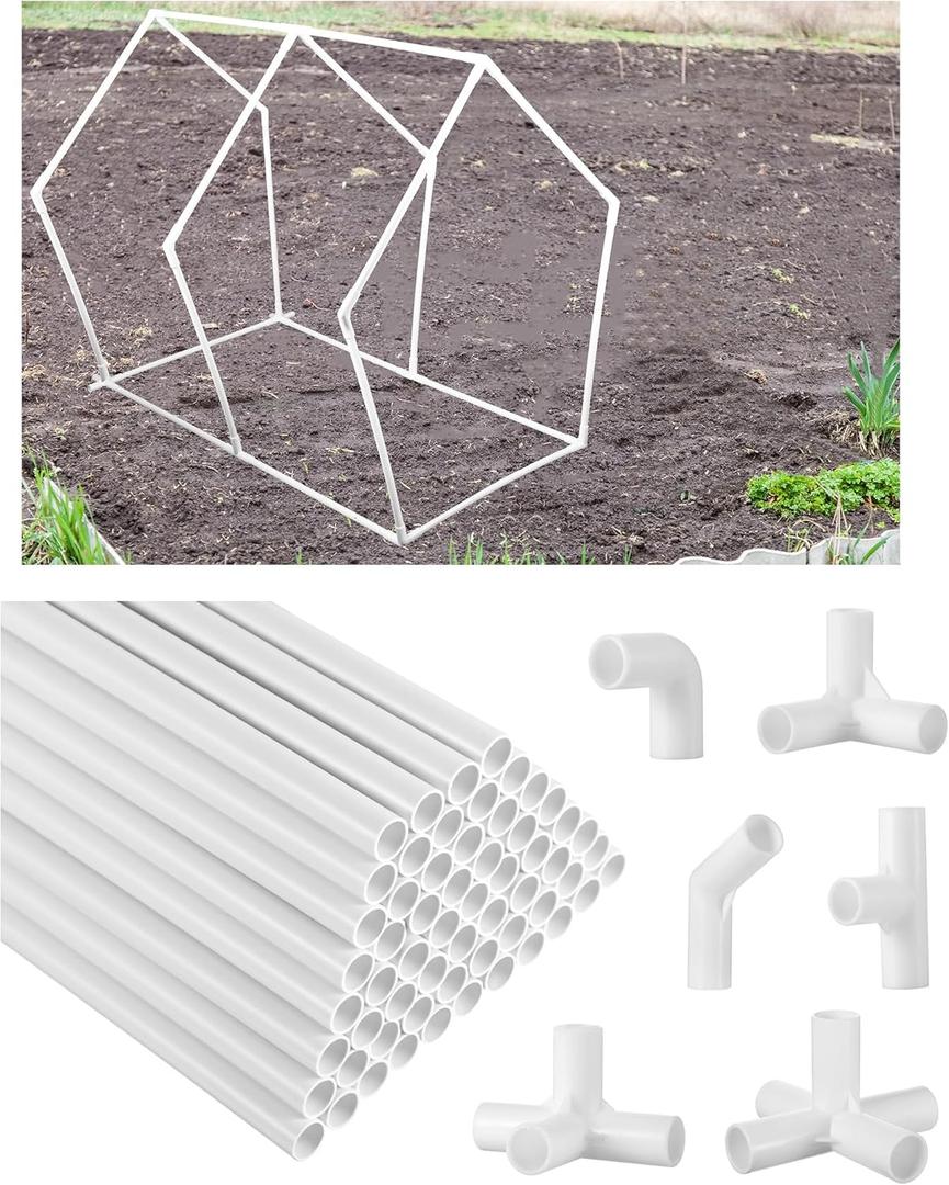 Sawysine 102 Pcs DIY PVC Projects Set Included 60 Pcs 24 Inch PVC Pipe and 42 Connection Pipe Fittings for Spring, Home, Greenhouse, Garden, Farm, Workshop, Summer(White,3/8 Inch)