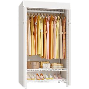 ULIFHOME H5C Clothes Rack with Cover, Portable Closet for Hanging Clothes, Covered Clothing Racks Heavy Duty, Garment Racks with Shelves, Max Load 360LBS, White Closet Rack with White Cover