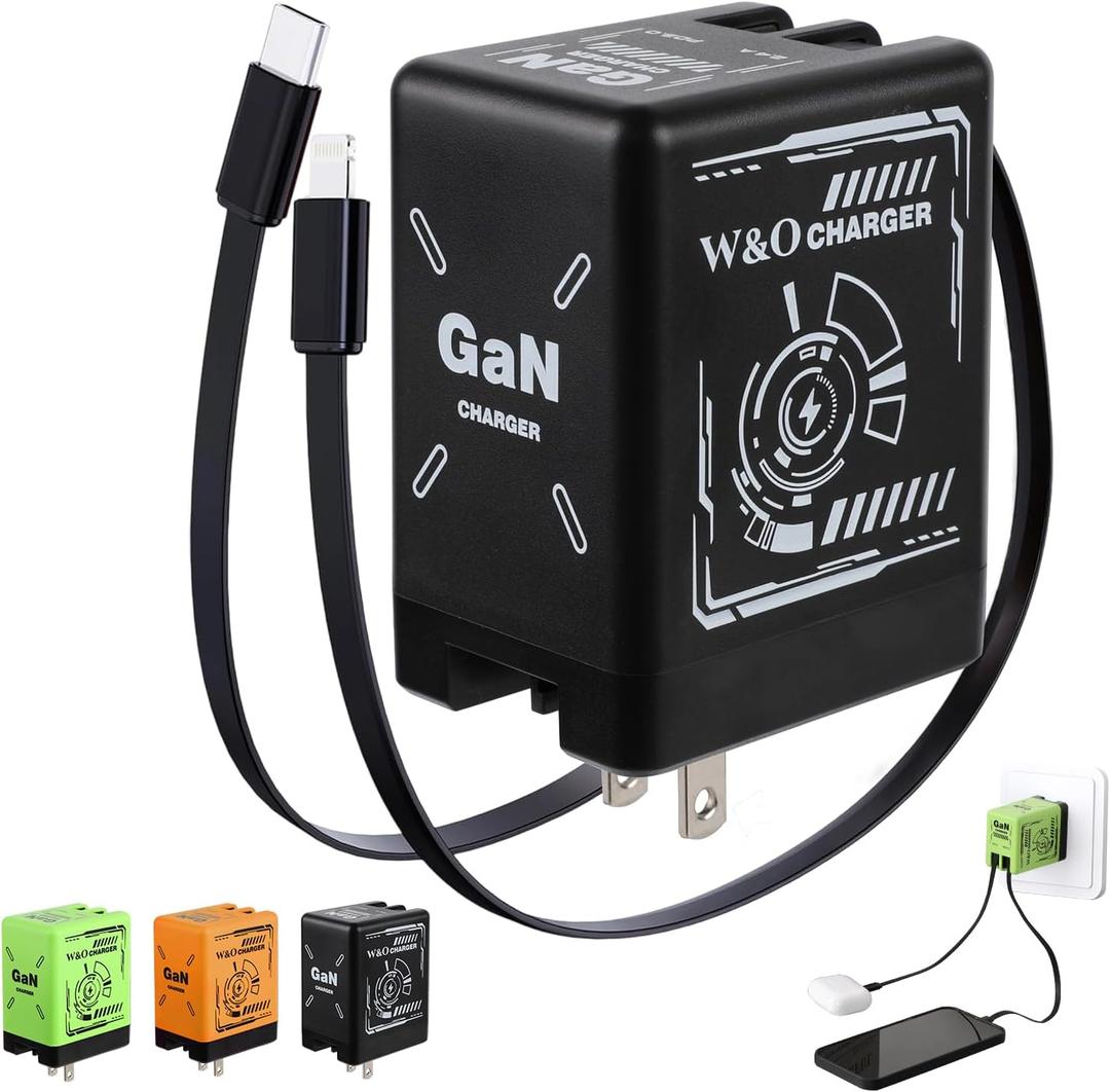 W&O 2-in-1 GaN Compatible with Fast Charger, GaN Charger Fast Charging, Retractable Phone Chargers Wall Plug with Lightning and Type-C Cables, Foldable Chargers for iPhone&Most Android, Black