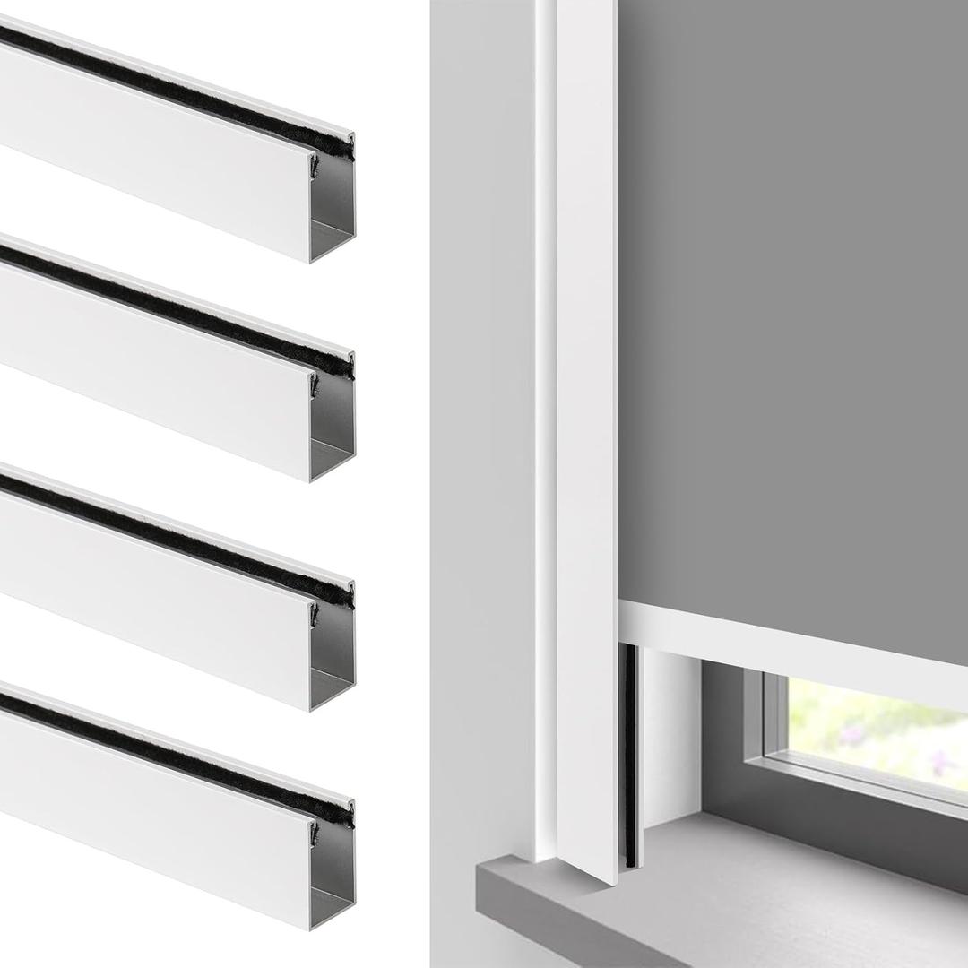 100% Blackout U-Channel Aluminum Light Blocking Strip for Window Shades Roller and Blinds Both Sides Tracks for Blackout Shades Easy to Install Great for Bedroom Nursery (White-4pcs, 58.5")