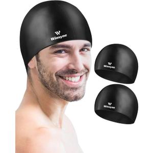2 Pack Silicone Swimming Cap for Men Women, Unisex Adult Swim Cap for Short/Long Hair to Keep Hair Dry, Waterproof Bathing Swimming Hat, Black
