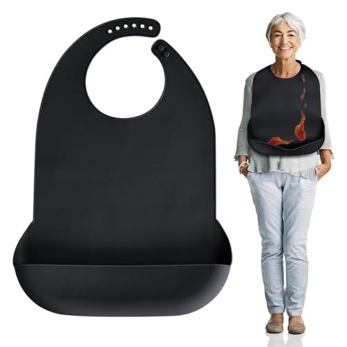 Kinggrand Kitchen Adult Bibs for Men, Women, Elderly- Silicone Adult Bib for Eating - Washable Bibs with Crumb Catcher (Black)