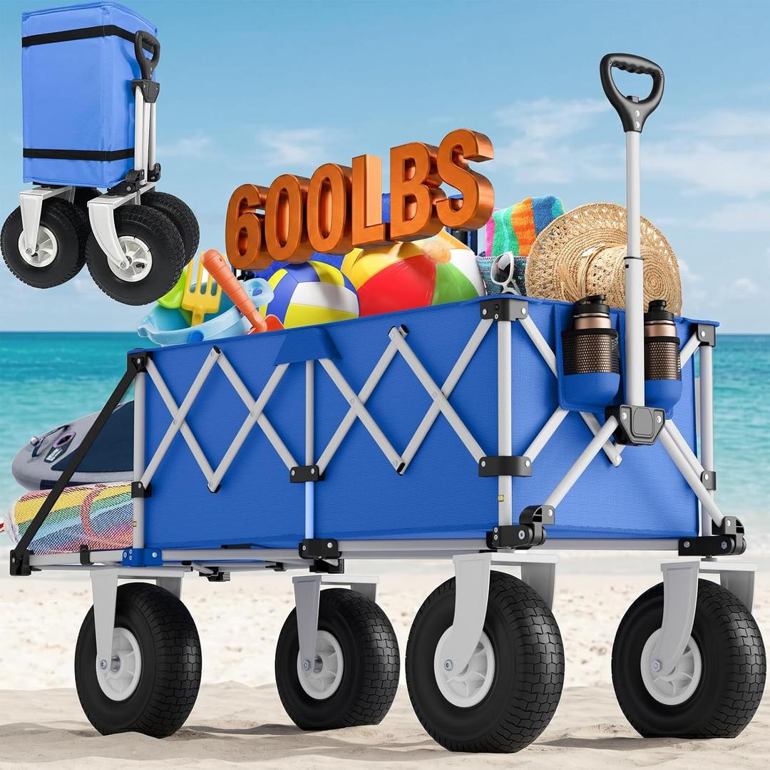 Blue Beach Wagon with Big Wheels for Sand - Heavy Duty 10" Wheel Collapsible Wagon Foldable Large Cart Folding All Terrain for Camping