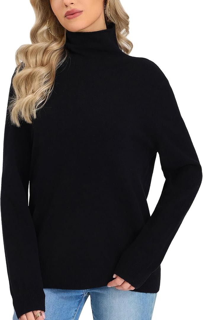 Turtleneck Sweater Women  100% Merino Wool Fitted Pullover Mock Neck Long Sleeve Knit Tops Lightweight Warm Winter (Small, Black)