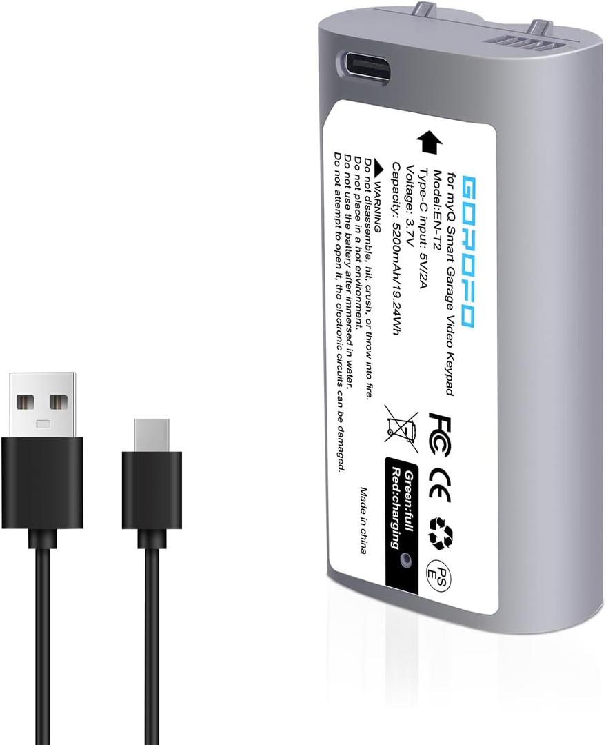 EN-T2 Replacement Battery for LiftMaster/Chamberlain myQ Smart Garage Video Keypad - Compatible with Model 18650MH1-1S2P, High Capacity, Includes USB-C Charging Cable (1 Battery)