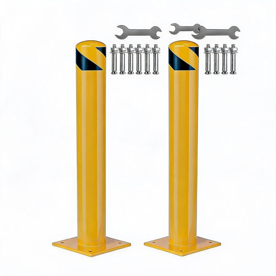 GarveeLife Steel Safety Bollards Heavy Duty 48 Inch,2 Pack Yellow Bollard Post for Parking Lot & Garage - Removable Security Bollard Post with Reflective Tape, Anchor Bolts Included (4.5" Diameter)