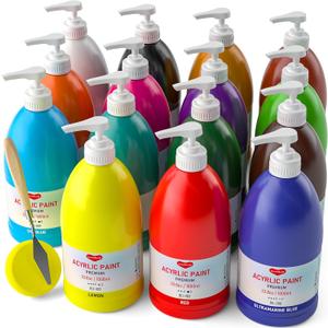 15 Colors Large Acrylic Paint Set (33.8 oz,1000 ml) Art Painting Bulk Supplies for Multi Surface Canvas Wood Leather Fabric Rock Craft, Non Toxic Paint for Kid & Adult with Pump, Color Wheel