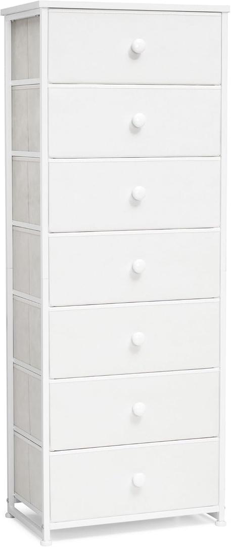 Crestlive Products Tall Dresser, 7-Drawer Fabric Storage Tower, Chests of Drawers - Vertical Organizer Unit for Bedroom, Hallway, Entryway, Nursery, Closets - Steel Frame, Wood Top & Handles (White)