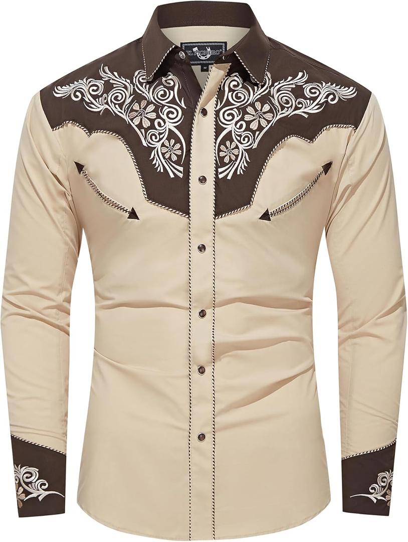 EL PIONERO Men's Western Shirt Long Sleeve Embroidered Cowboy Casual Snap Button Shirt (Medium, Khaki Chocolate)