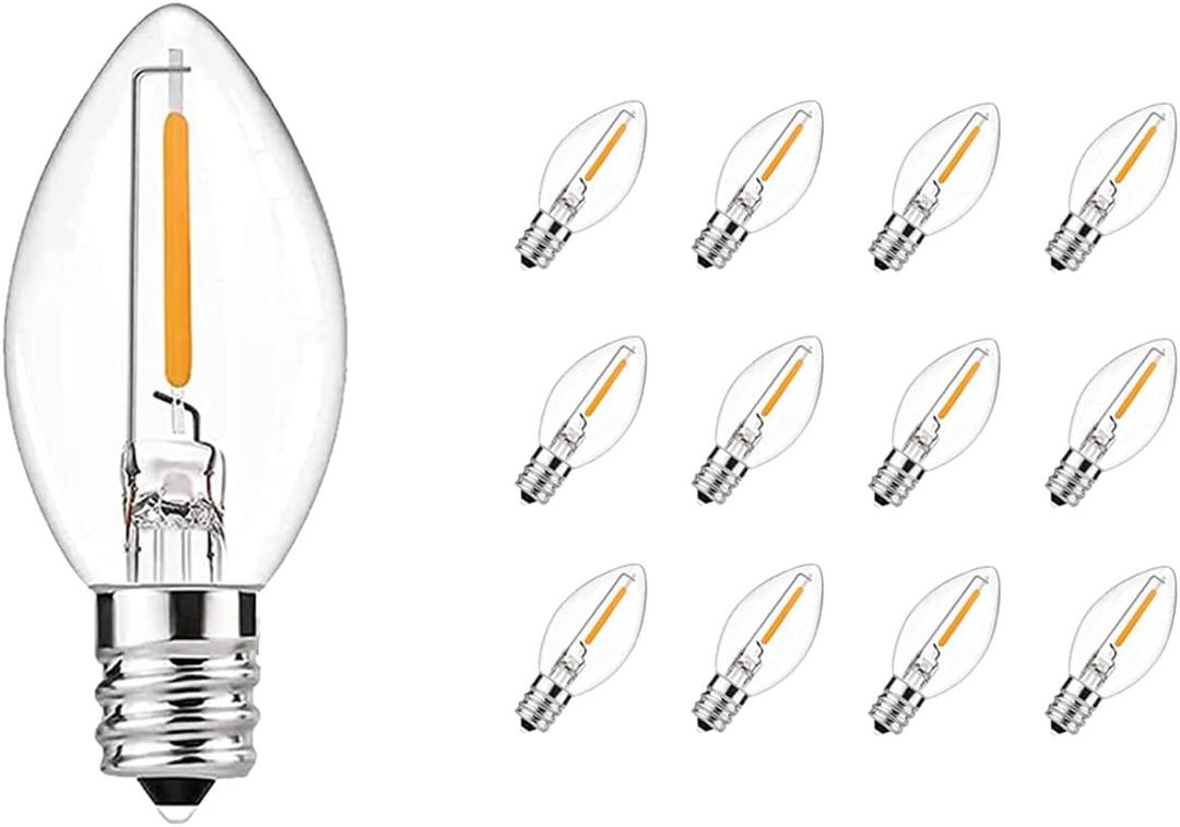 12 Pack C7 LED Christmas Bulbs, E12 Candelabra Base, 0.6W Warm White Dimmable Clear - Halloween Light Bulbs for Indoor/Outdoor String Lights, Patio Party Wedding Xmas Tree Replacement