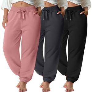 Oakgarden 3 Pack Women's Plus Size Sweatpants Joggers Tapered Elastic Waist with Pockets Workout Athletic Lounge Yoga Pants (XX-Large, Black, Dark Gray, Pink)