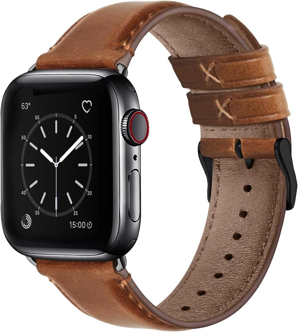 Fullmosa Compatible with Apple Watch Band Retro Leather 42mm 41mm 40mm 38mm for Apple Watch Series 11 10 9 8 7 6 5 4 3 2 1, SE3/2/1, Brown+Black Buckle