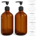2PCS Amber Dish Soap Dispenser for Kitchen (16 Oz), Brown Hand Soap Dispenser for Bathroom, Plastic Soap and Liquid Dispenser Set with Rust Proof Pump, Refillable Soap Pump Bottles, Waterproof Labels