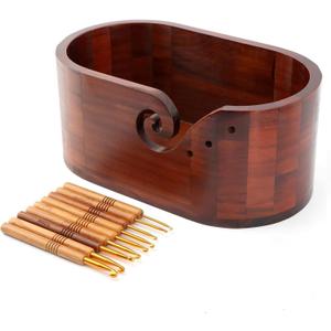 Oval Wooden Yarn Bowl, Knitting Yarn Bowl Holder with 9pcs Crochet Hooks, Large Yarn Storage Bowl for DIY Knitting & Crocheting Accessories Kit, Preventing tangles (11.3x4.7 inch)