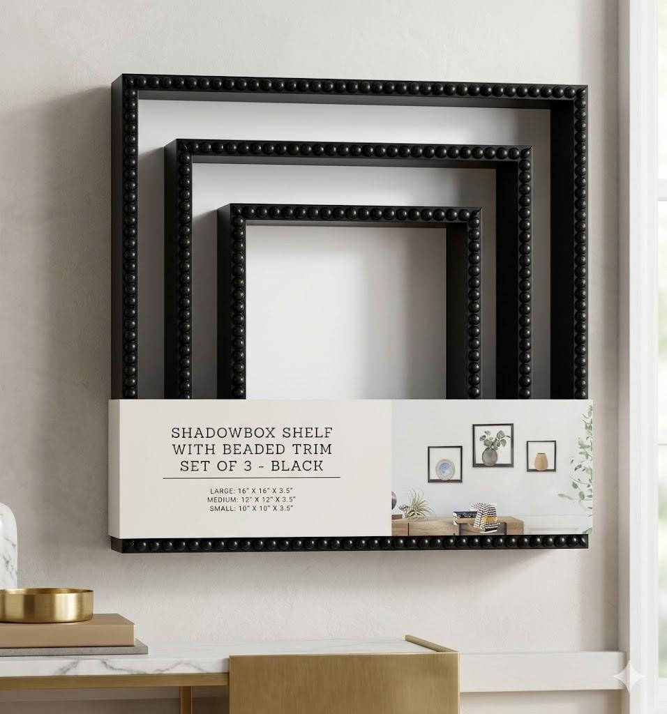 Shadowbox Shelf With Beaded Trim Set Of 3 Black Large Shelf 14"×14"×3.5" Medium Shelf 12"×12"×3.5" Small Shelf 10"×10"×3.5"