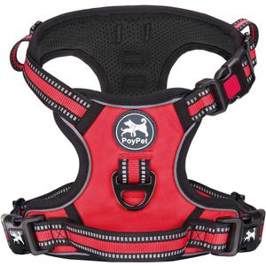 PoyPet No Pull Dog Harness, Reflective Adjustable No Choke Pet Vest with Front & Back 2 Leash Attachments, Soft Control Training Handle for Small Medium Large Dogs(Red,M)