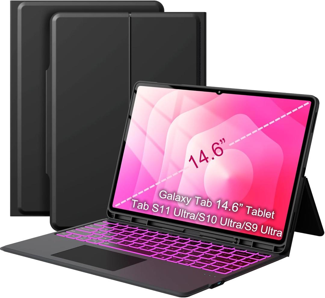 For 14.6 inch Samsung Galaxy Tab S11 Ultra/ S10 Ultra/ S9 Ultra /S8 Ultra Case with Keyboard - Folio Book Cover with Touchpad - 7 Color Backlit Keyboard with S Pen Holder for 14.6" Samsung Tablet