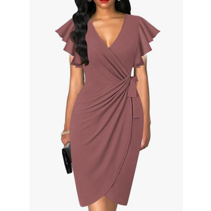 oten Women's Deep V Neck Ruffle Sleeve Sheath Casual Cocktail Party Work Faux Wrap Dress M